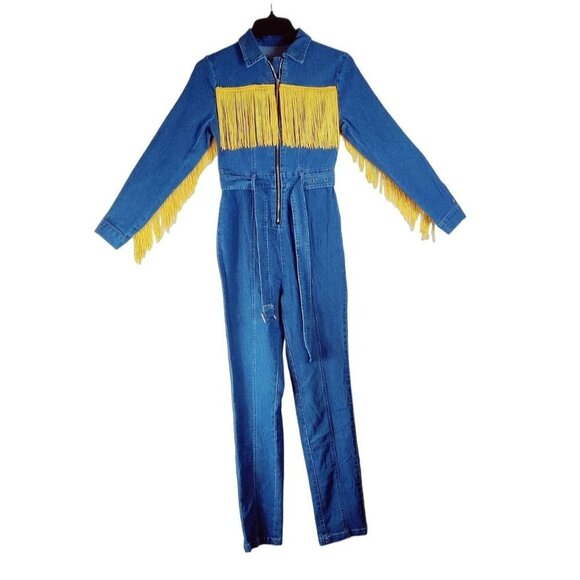 Blue Denim Jumpsuit XS Western Cowgirl Coverall Jumper Blue Yellow Fringe Shein - Picture 1 of 10